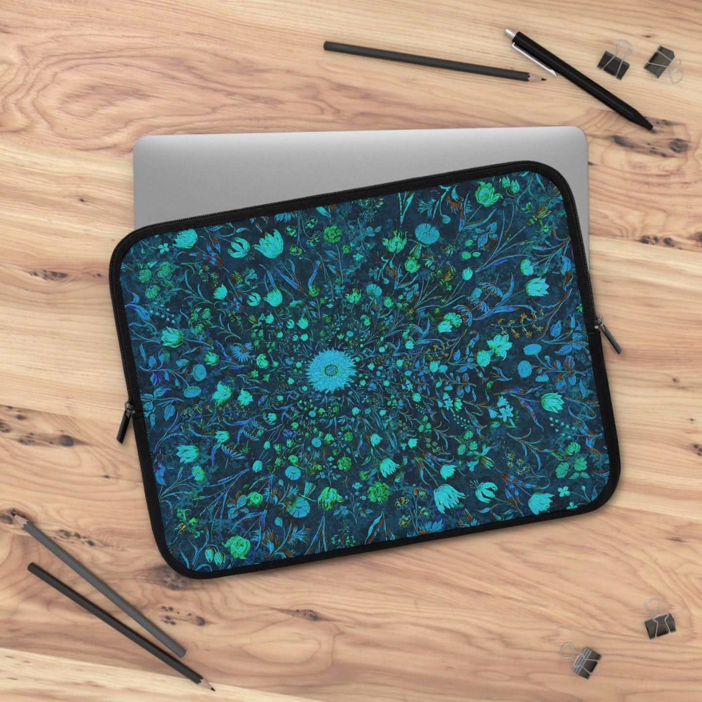 Blue Green Medieval Flowers Laptop Sleeve