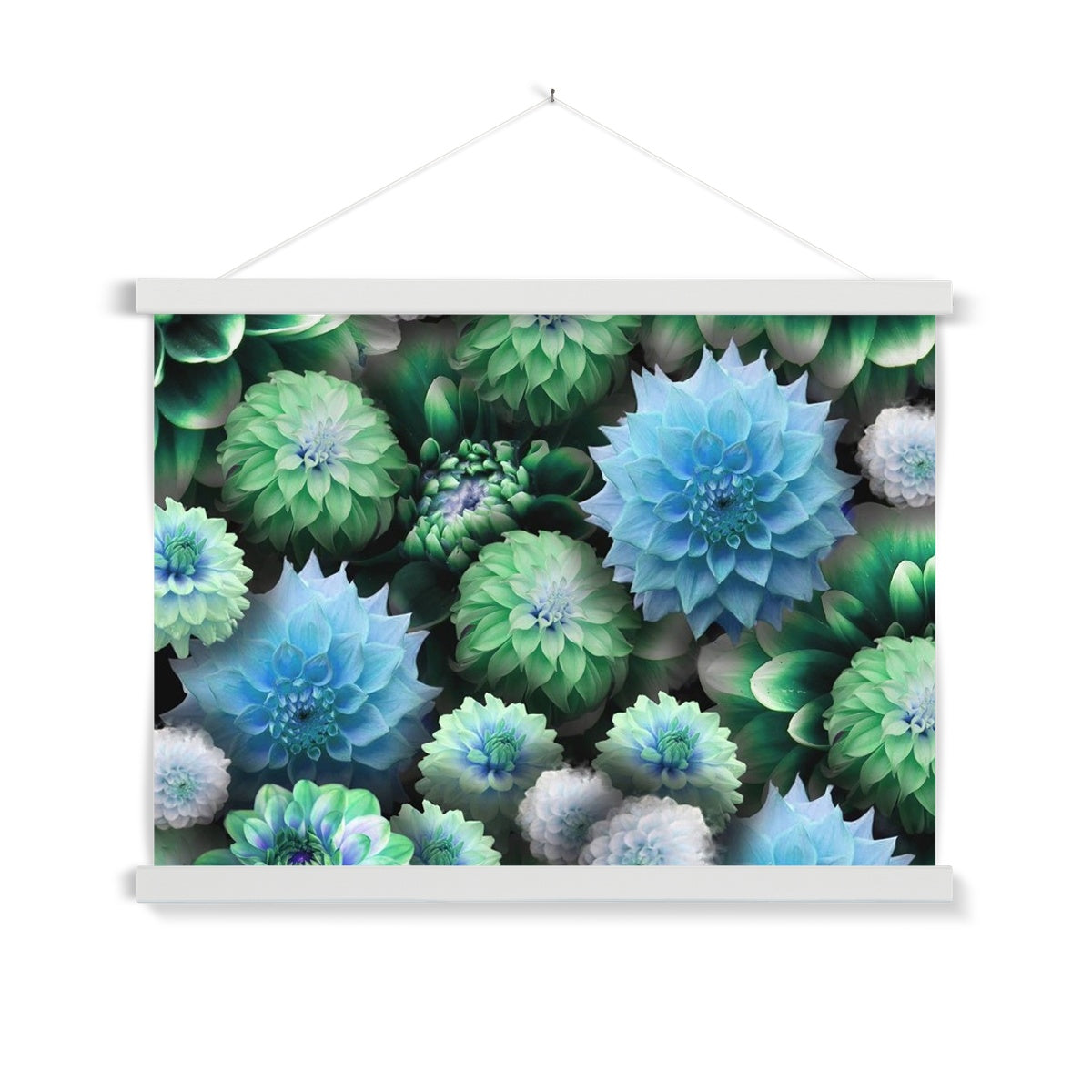 Blue Green Dahlias Fine Art Print with Hanger