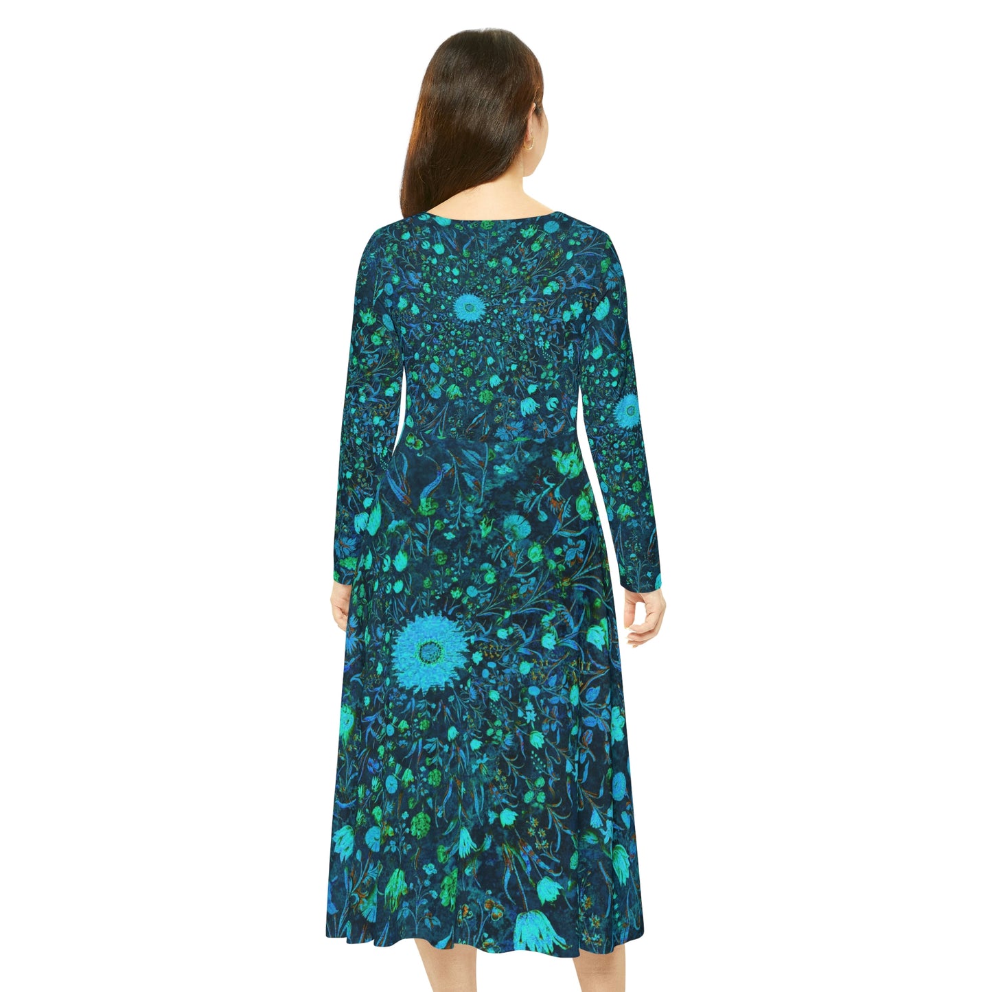 Blue Green Medieval Flowers Women's Long Sleeve Dance Dress (AOP)