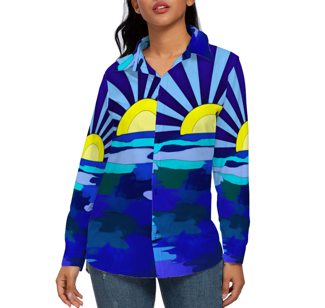 Sunset Along The Lake Custom All Over Print Women's Long Sleeves Shirt with Button