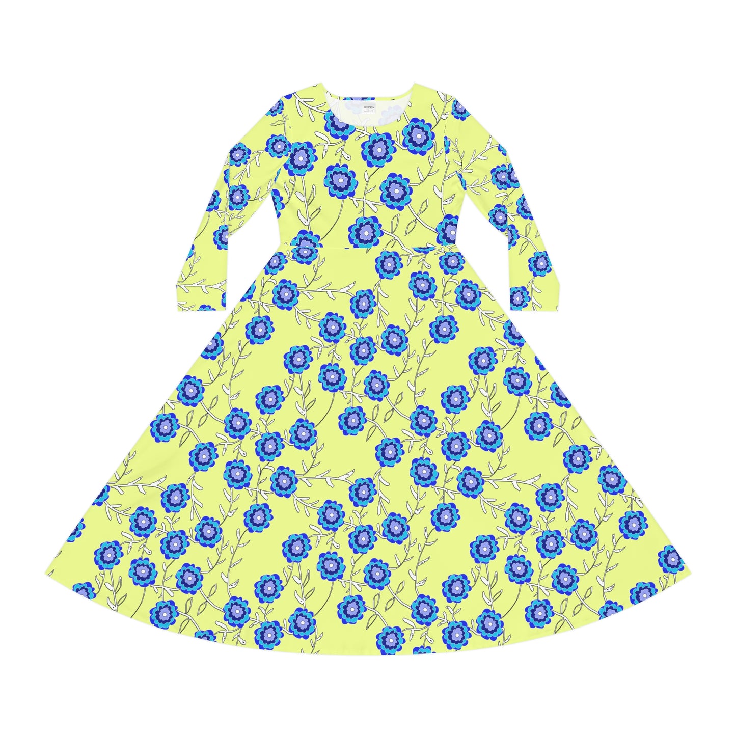 Blue Flowers on Yellow Women's Long Sleeve Dance Dress (AOP)