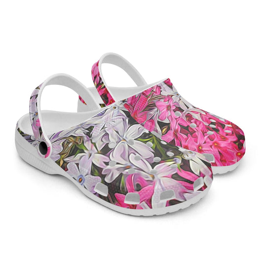 Pink and White Phlox 413. All Over Printed Clogs