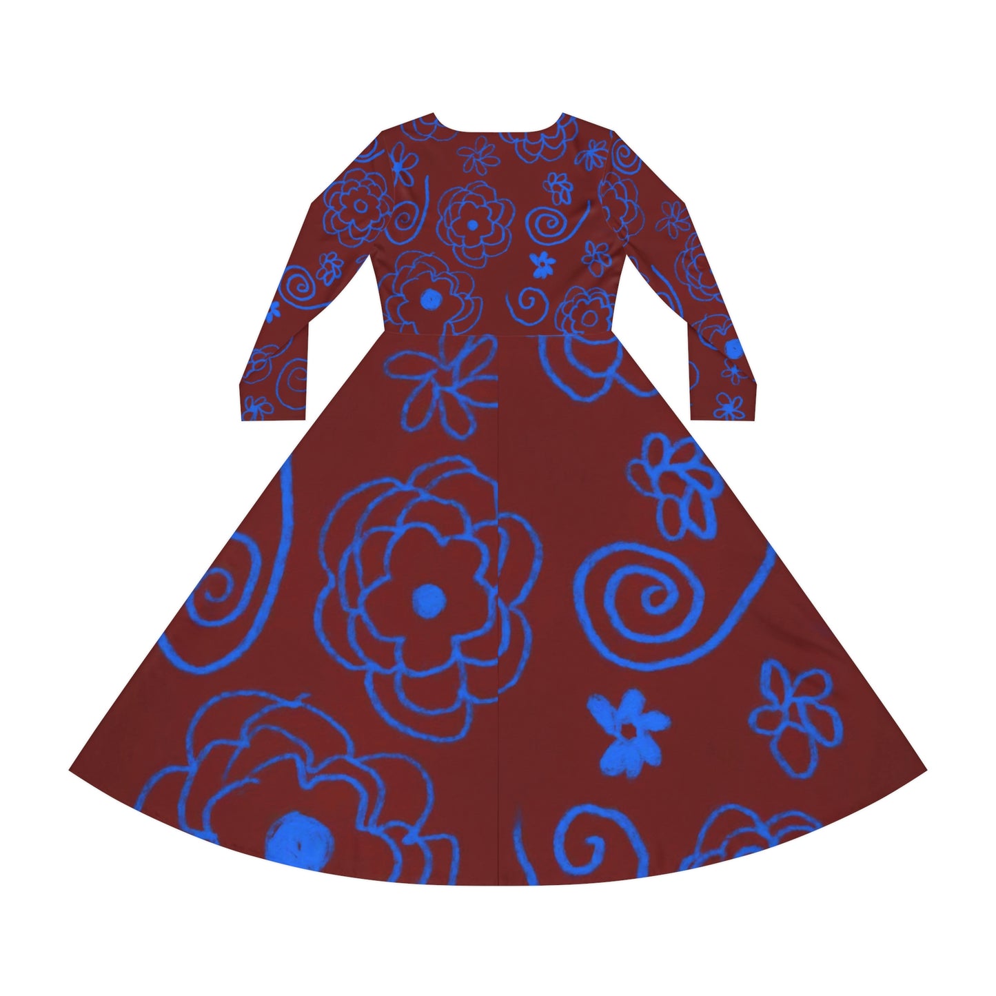 Blue Flower Drawing Women's Long Sleeve Dance Dress
