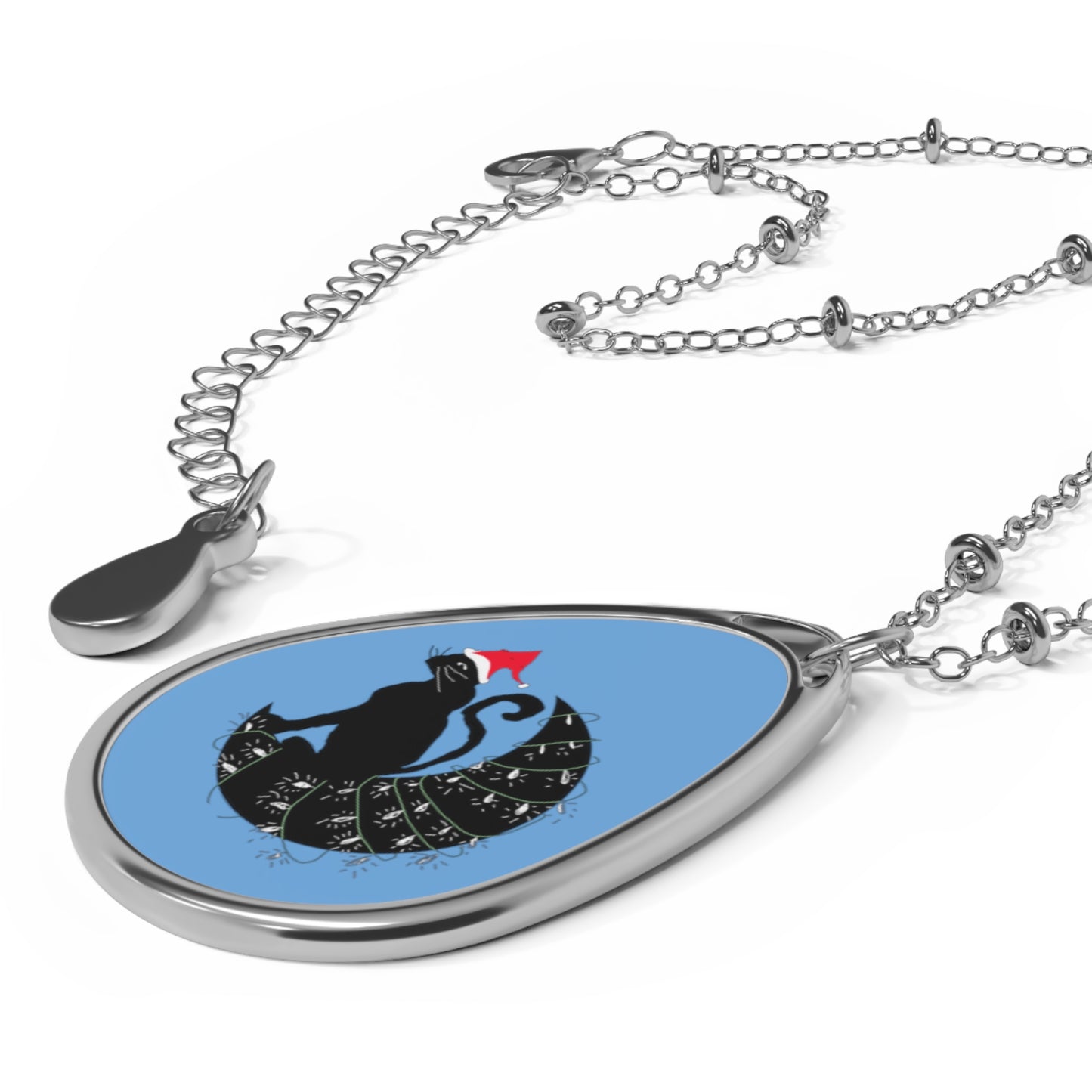 Cat on a Christmas Moon Oval Necklace