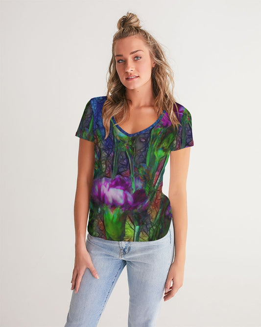 Abstract Pink Carnations Women's V-Neck Tee