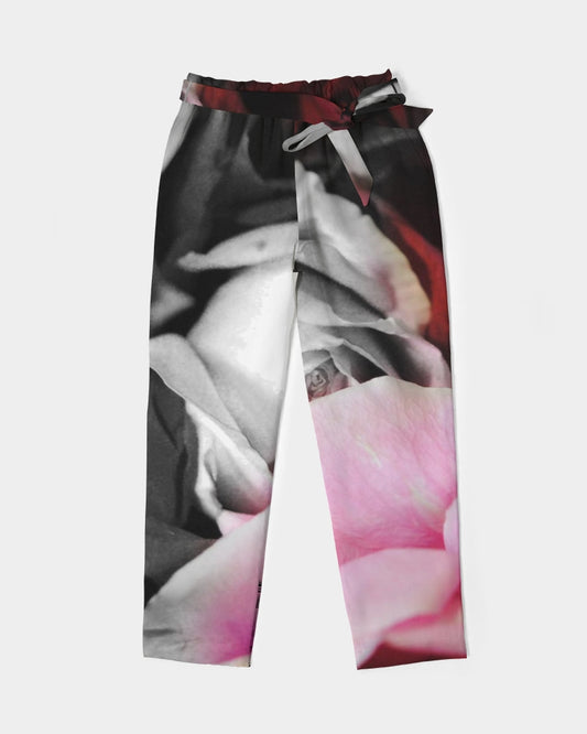 Black and White Roses Fade Women's Belted Tapered Pants