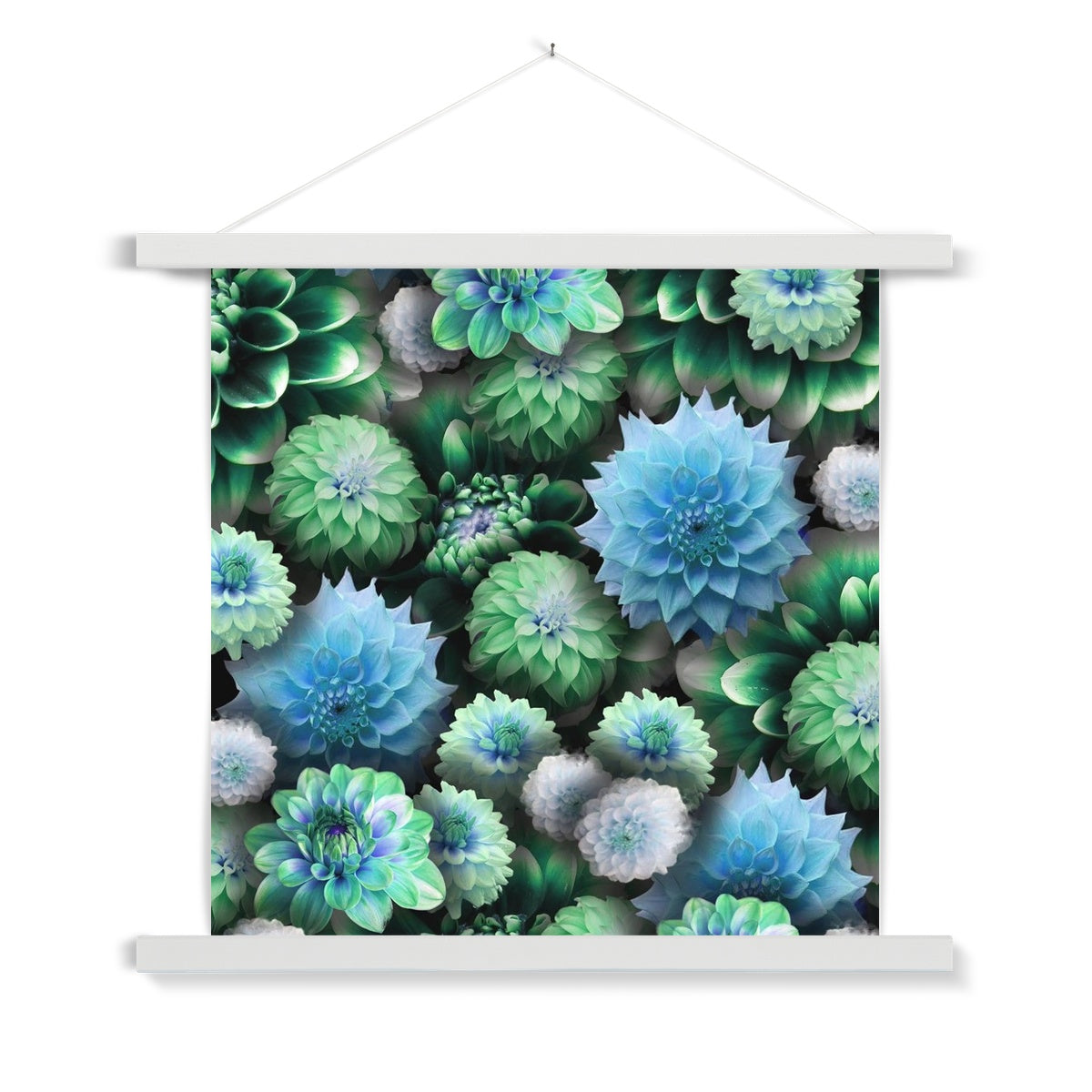 Blue Green Dahlias Fine Art Print with Hanger