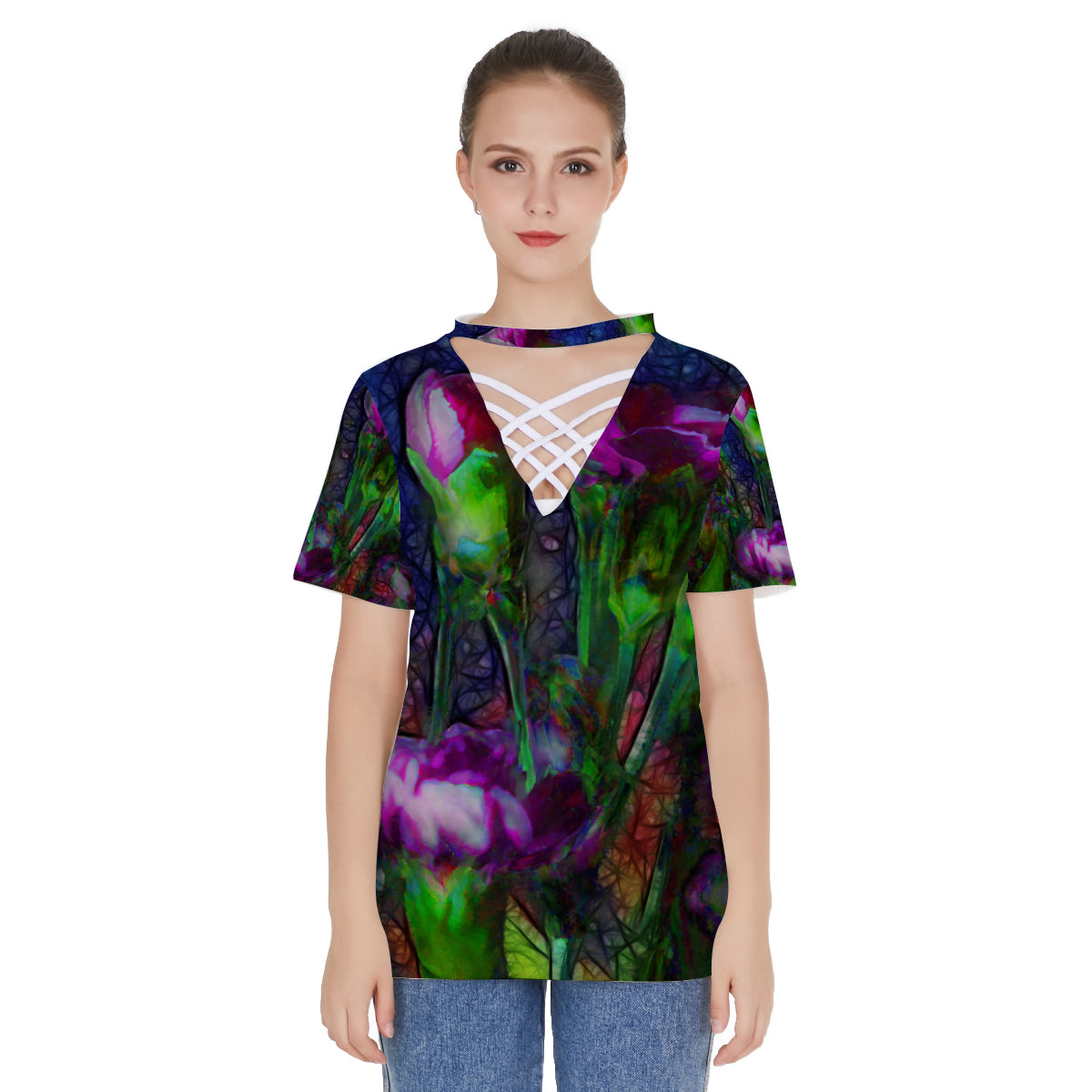 Abstract Pink Carnations All-over print V-neck string short sleeve shirt