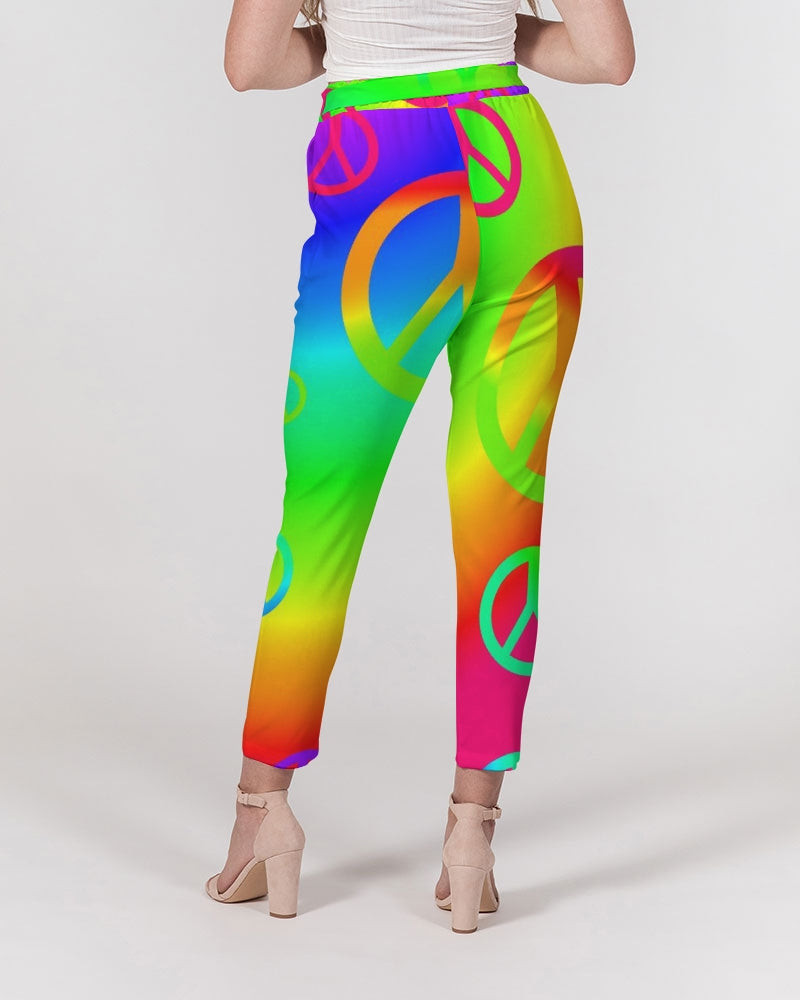 Rainbow Peace Signs Women's Belted Tapered Pants