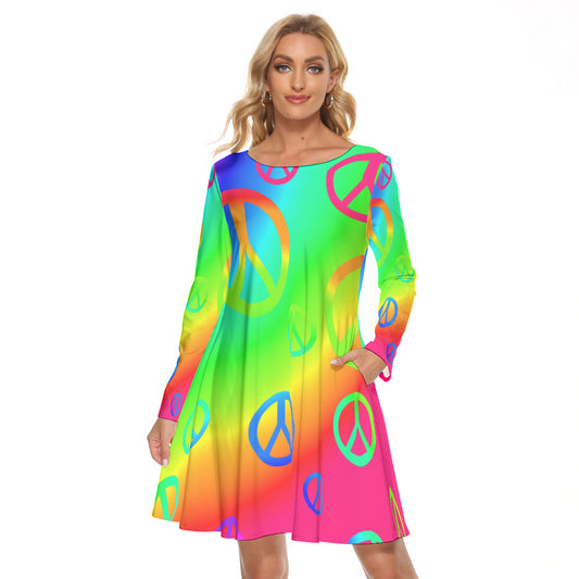 Rainbow Peace Signs All-Over Print Women's Crew Neck Dress
