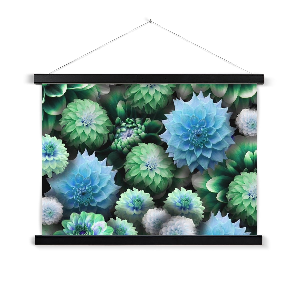 Blue Green Dahlias Fine Art Print with Hanger