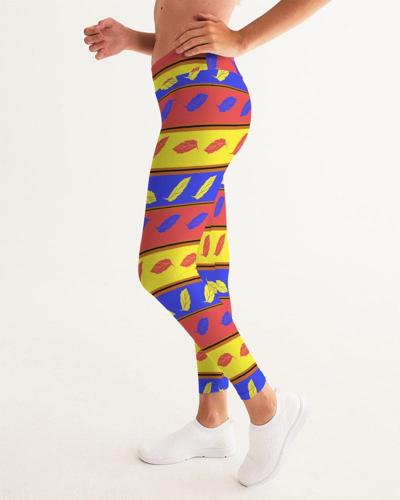 Red Yellow and Blue Leaf Stripes Women's Yoga Pants