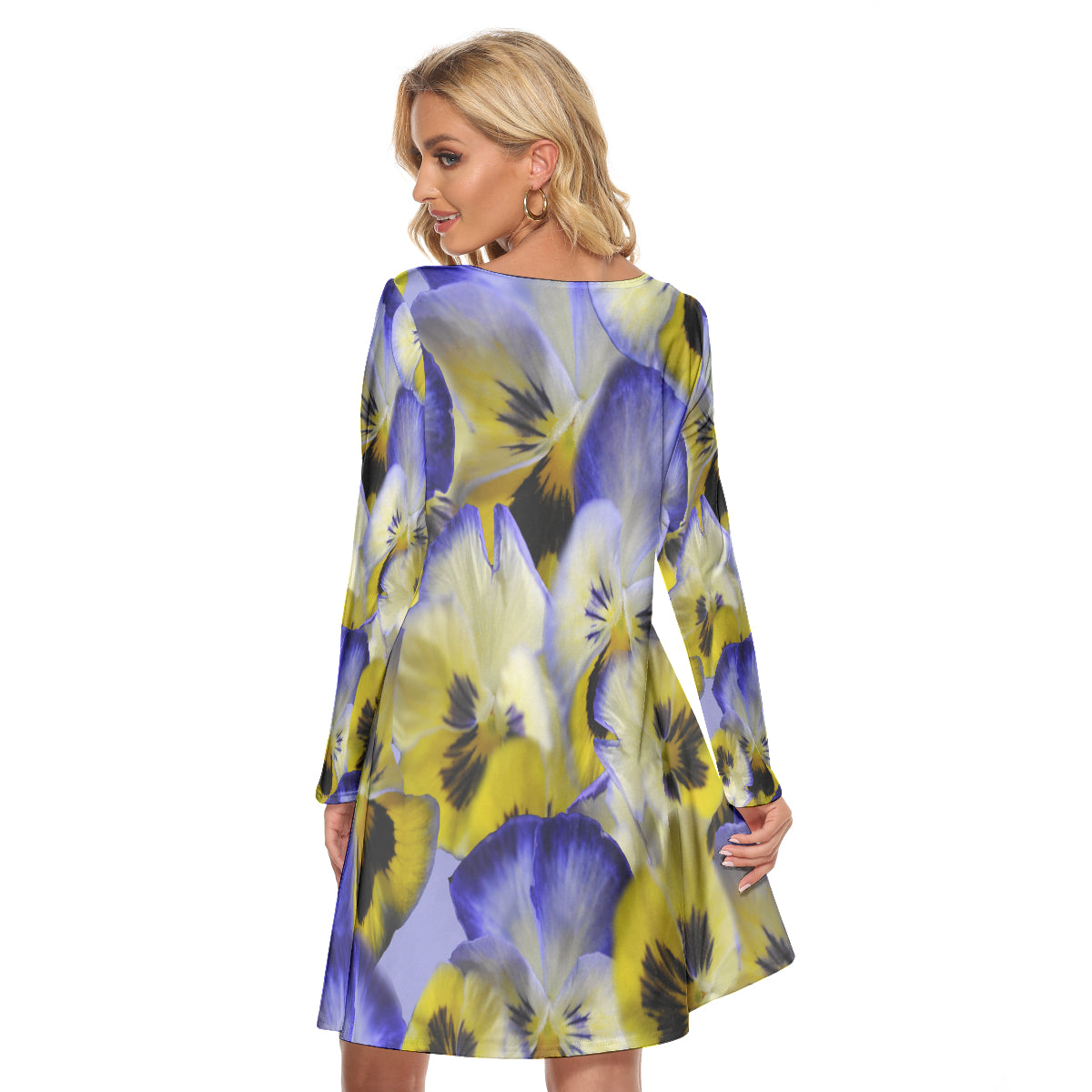 Blue and Yellow Pansies All-Over Print Women's Crew Neck Dress