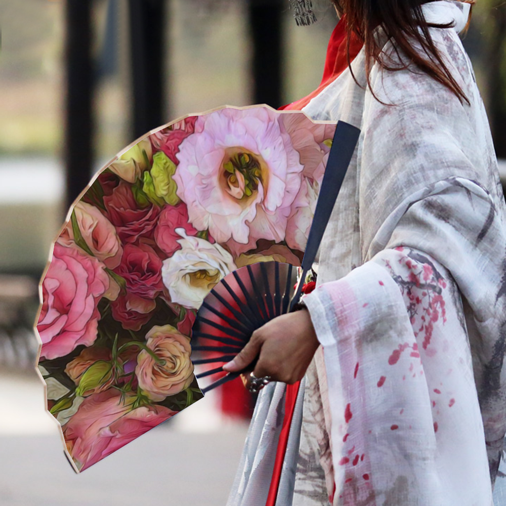 Pink Lisianthus Flowers Double-side Custom Spun Silk Fan Retro Hand-held Folding Fan