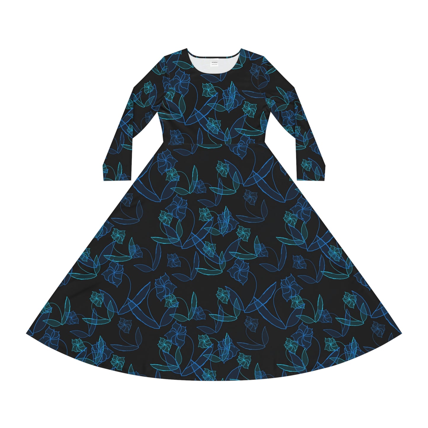 Blue Lillies On Black Women's Long Sleeve Dance Dress (AOP)