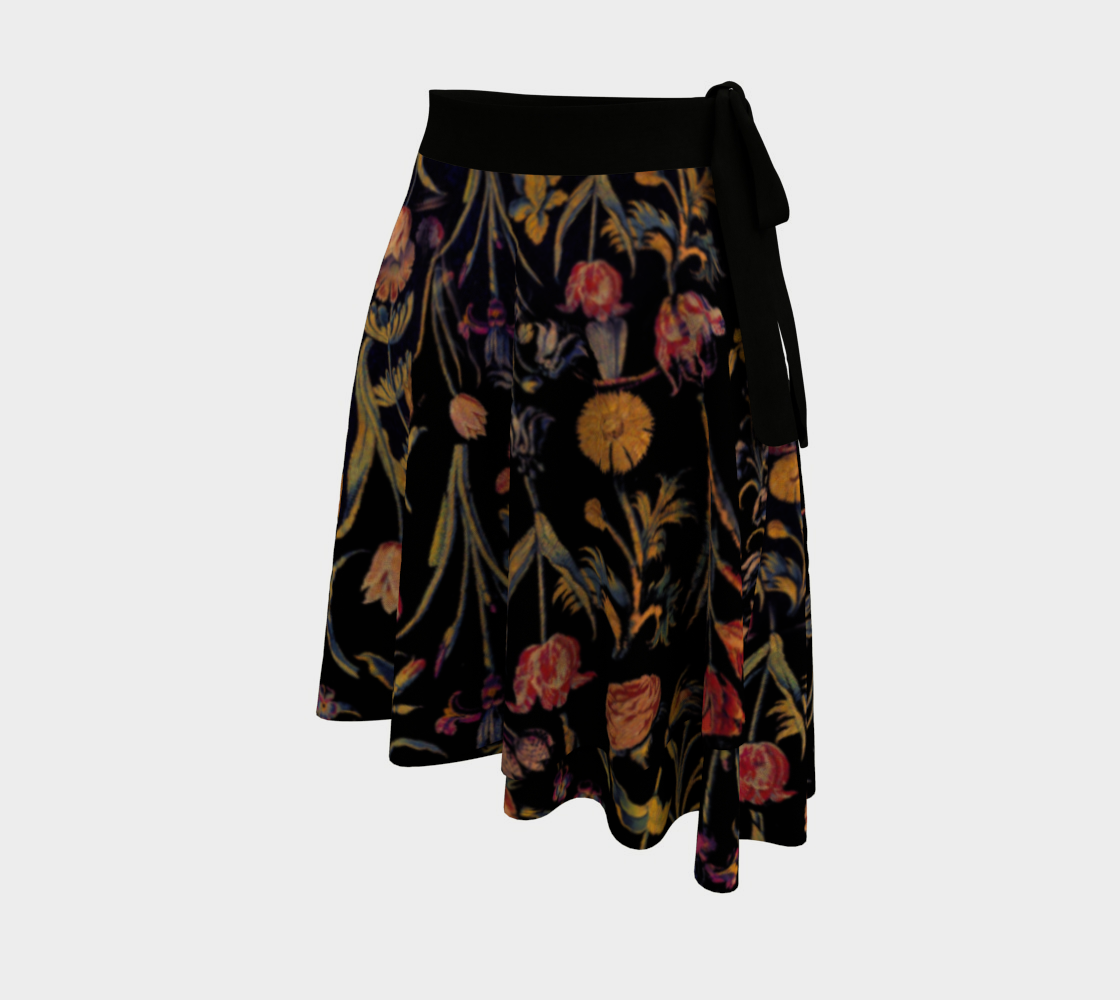 Medieval Flowers on Black Wrap Skirt