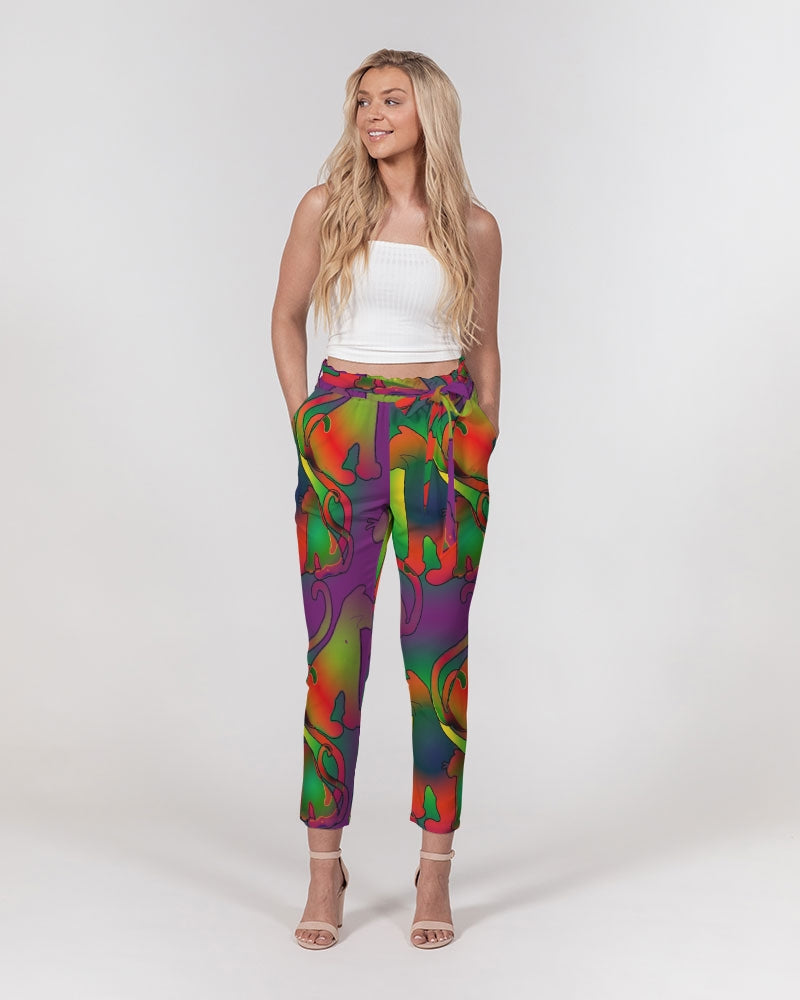 Abstract Rainbow Cats Pattern Women's Belted Tapered Pants