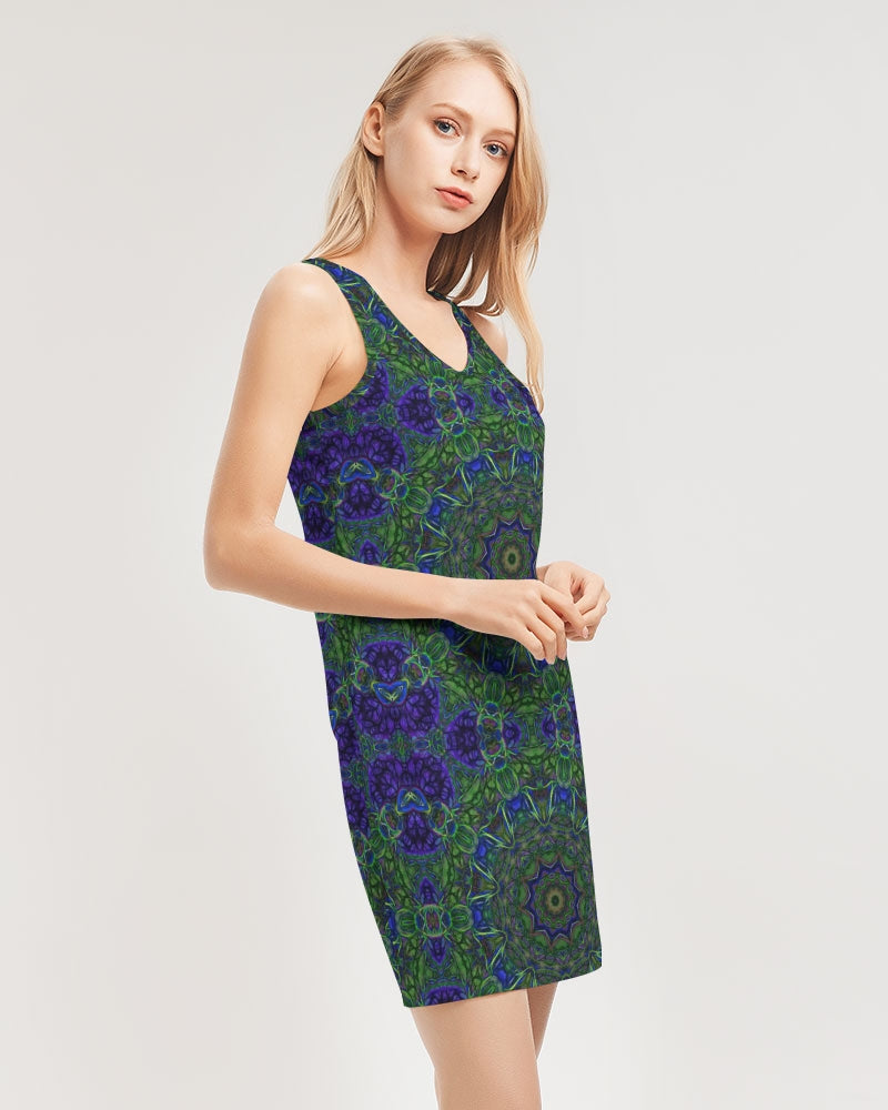 blue Green Ribbon Kaleidoscope Women's Rib Knit V Neck Mini Dress