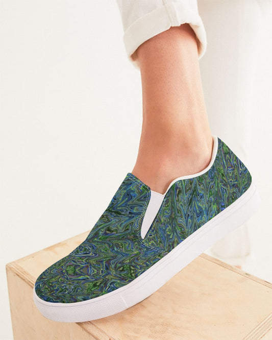 Blue Green Liquid Marbling Women's Slip-On Canvas Shoe