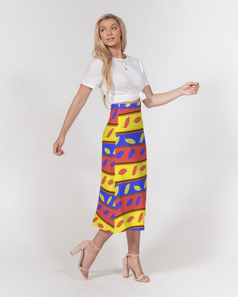 Red Yellow and Blue Leaf Stripes Women's A-Line Midi Skirt