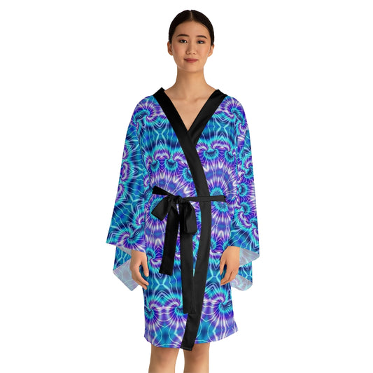 Blue and Purple Tie Dye Kaleidoscope Long Sleeve Kimono Robe