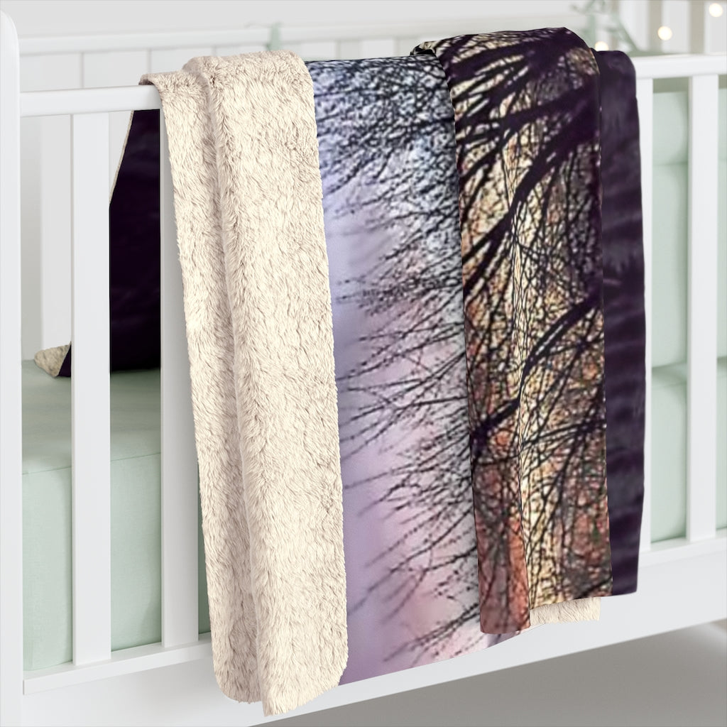 Fall Sunset In A Grassy Field Sherpa Fleece Blanket