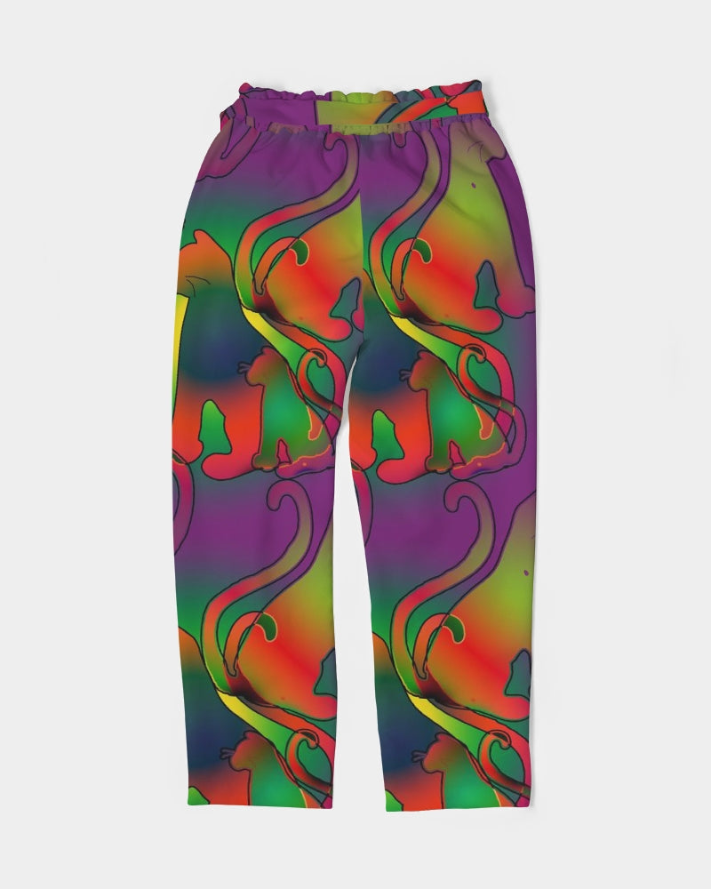 Abstract Rainbow Cats Pattern Women's Belted Tapered Pants