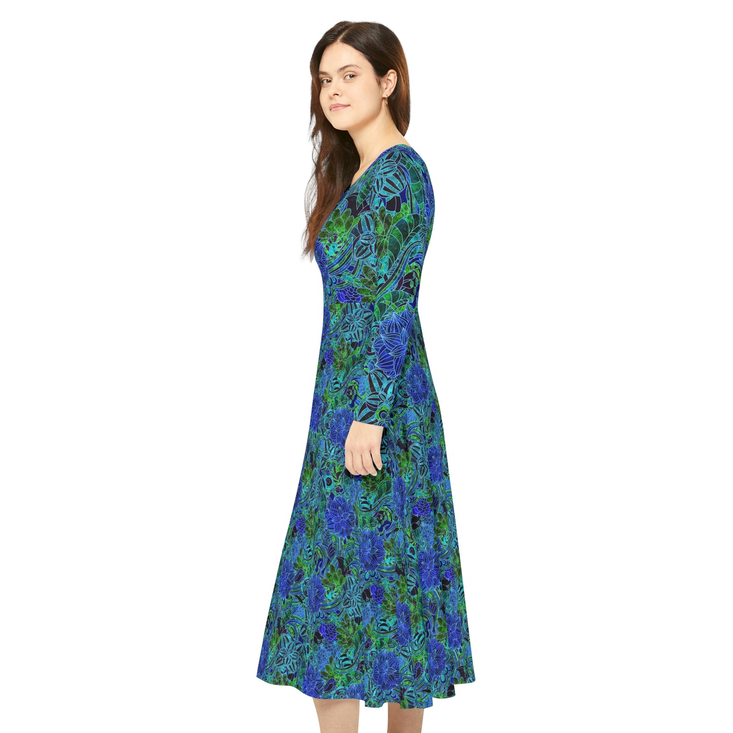 Blue Green Floral Pattern Women's Long Sleeve Dance Dress (AOP)