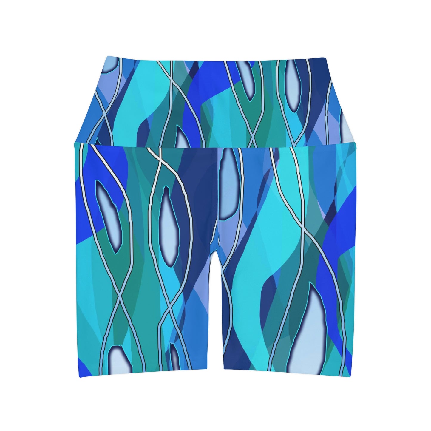 Wavy Blue Abstract High Waisted Yoga Shorts (AOP)