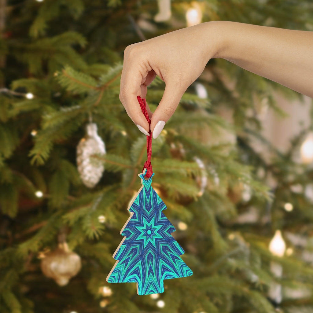 Blue Ice Fractal Kaleidoscope Wooden Christmas Ornaments