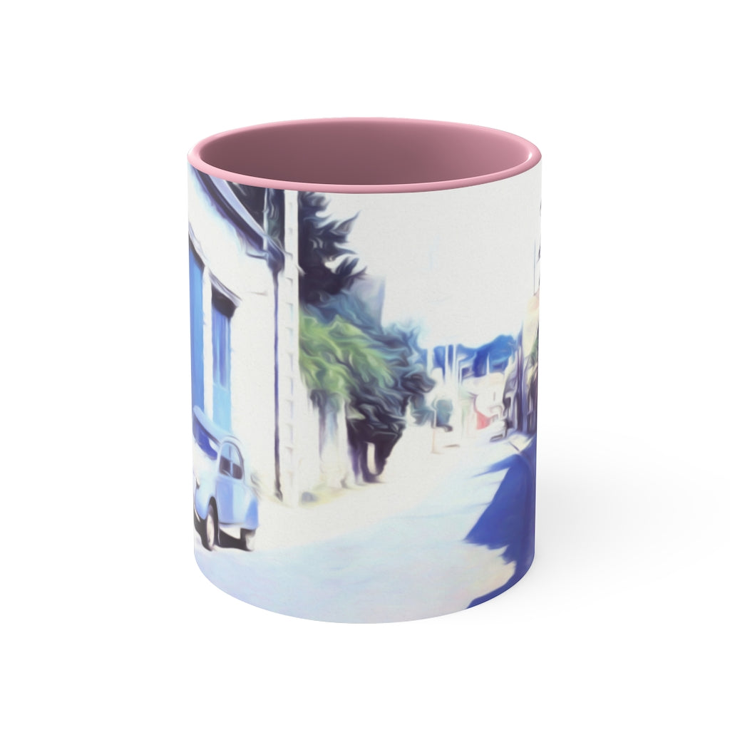 Vintage Travel Blue Car on Street Accent Coffee Mug, 11oz