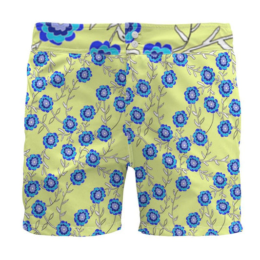 Blue Flowers On Yellow Board Shorts