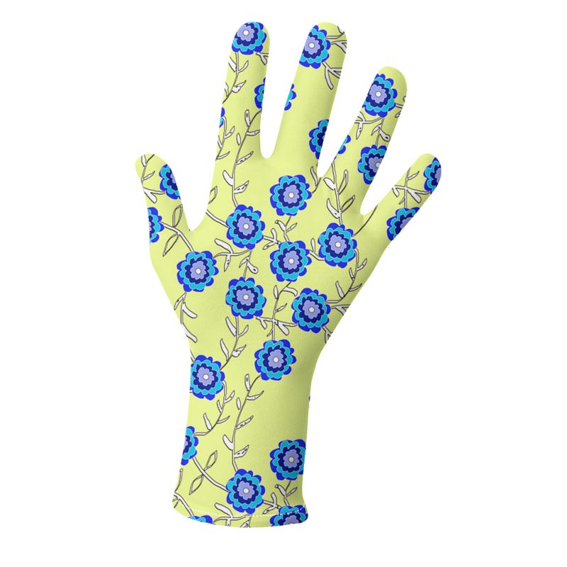 Blue Flowers On Yellow Gloves