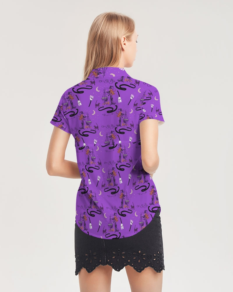 Witch Cat Cauldron Pattern Women's Short Sleeve Button Up