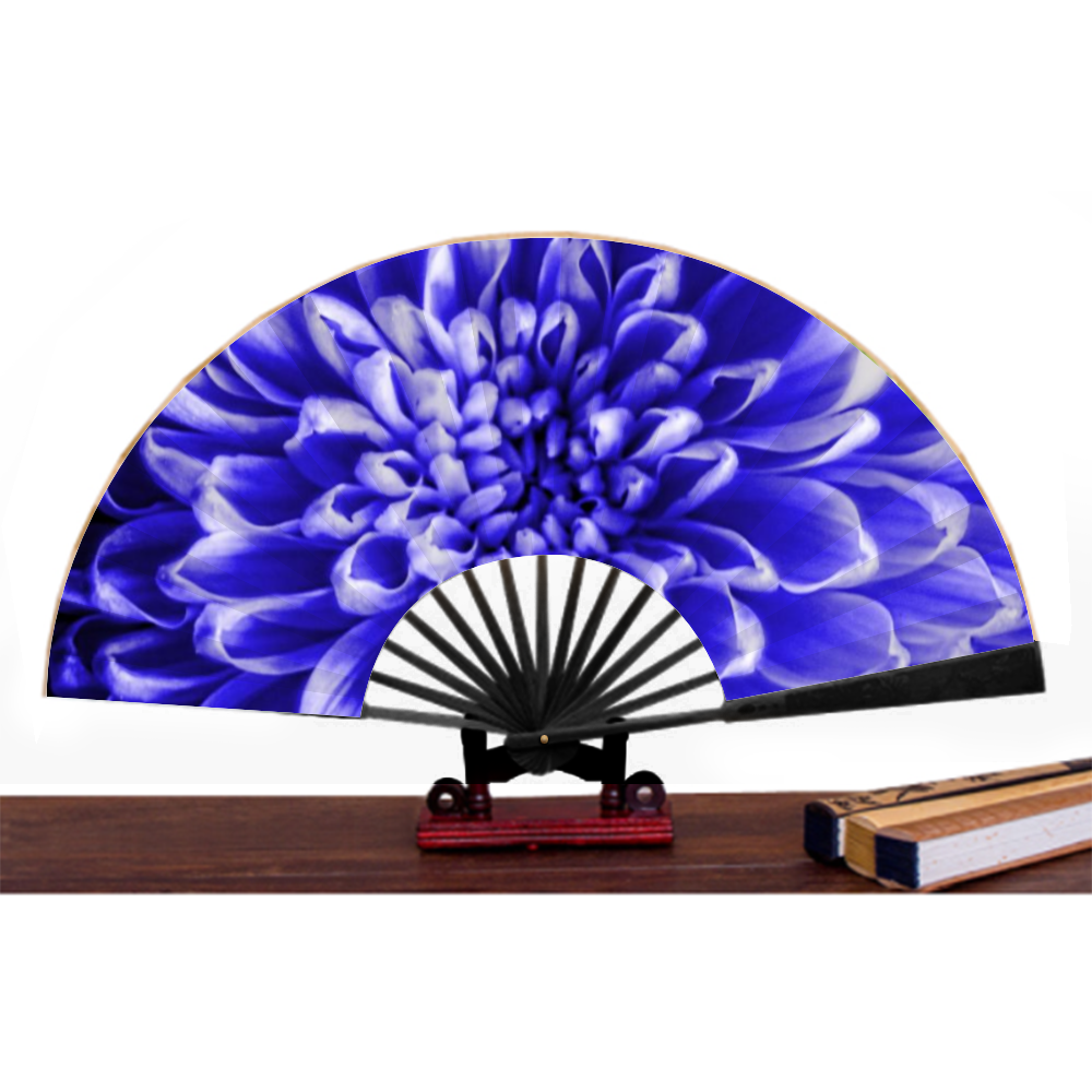Blue Chrysanthemum Double-side Custom Spun Silk Fan Retro Hand-held Folding Fan