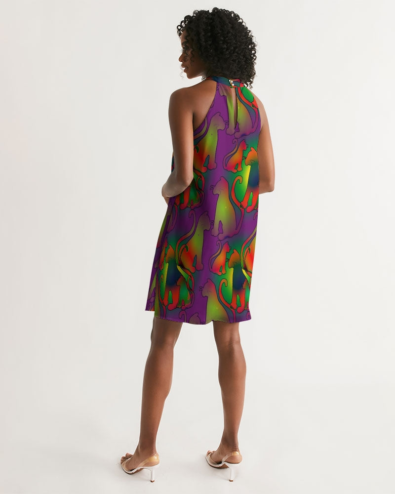 Abstract Rainbow Cats Pattern Women's Halter Dress