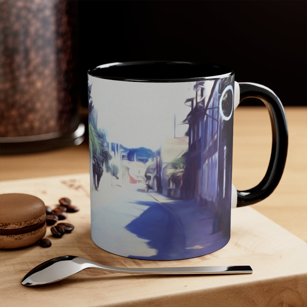 Vintage Travel Blue Car on Street Accent Coffee Mug, 11oz