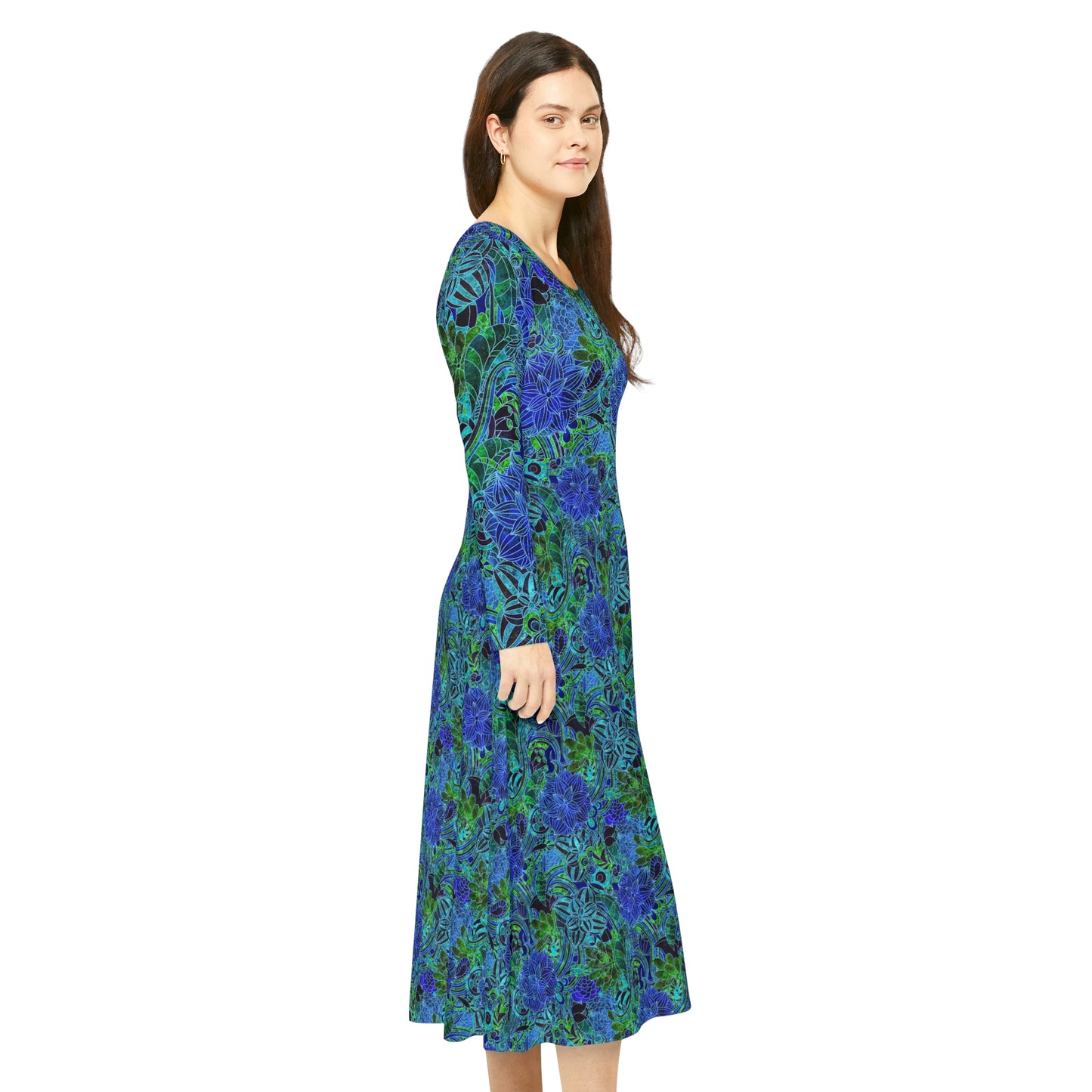 Blue Green Floral Pattern Women's Long Sleeve Dance Dress (AOP)