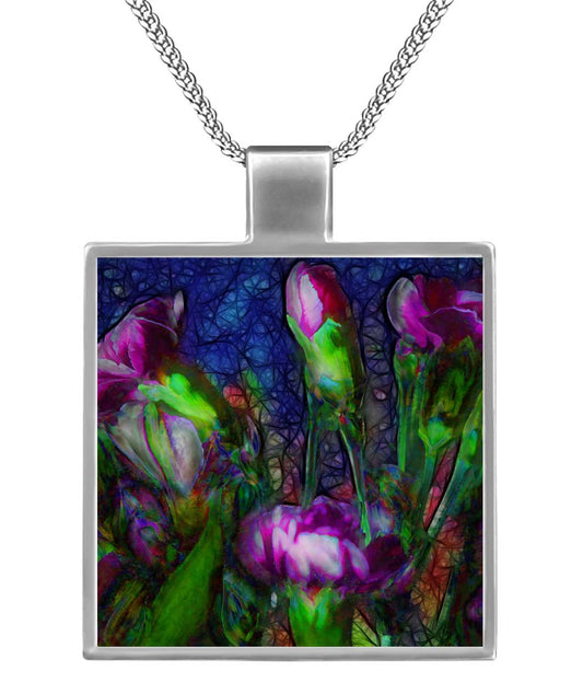 Abstract Pink Carnations Square Necklace Square Necklace