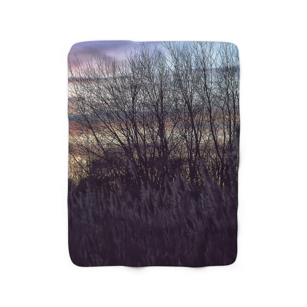 Fall Sunset In A Grassy Field Sherpa Fleece Blanket