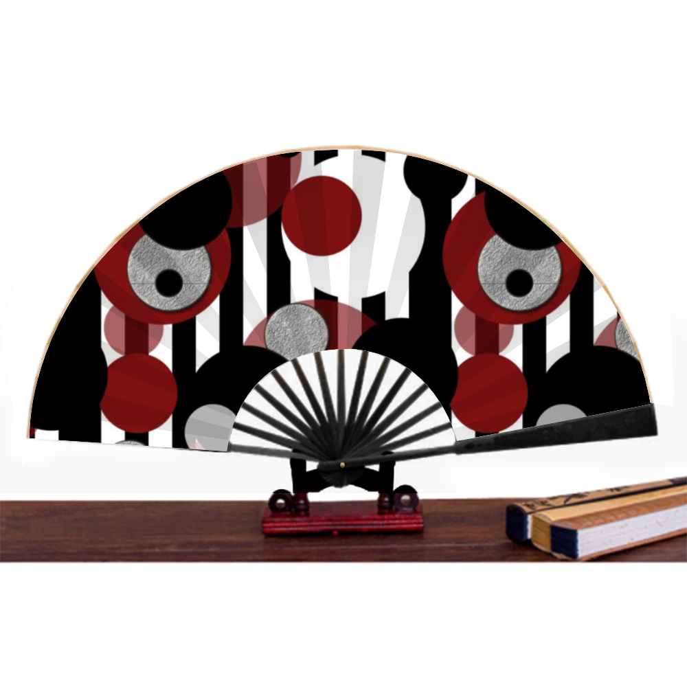Black and White Stripes and Dots Double-side Custom Spun Silk Fan Retro Hand-held Folding Fan