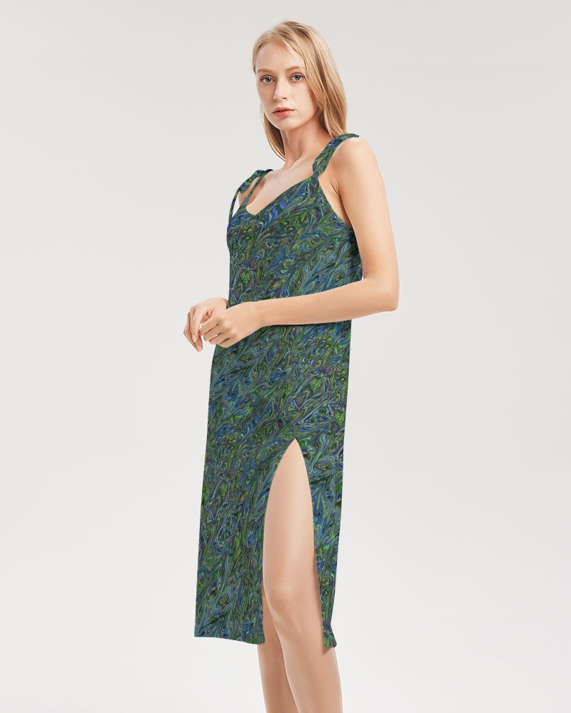 Blue Green Liquid Marbling Women's Tie Strap Split Dress