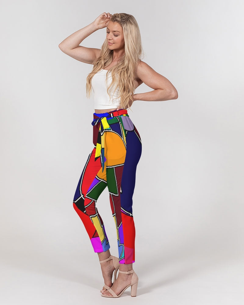 Crazy Color Abstract Women's Belted Tapered Pants