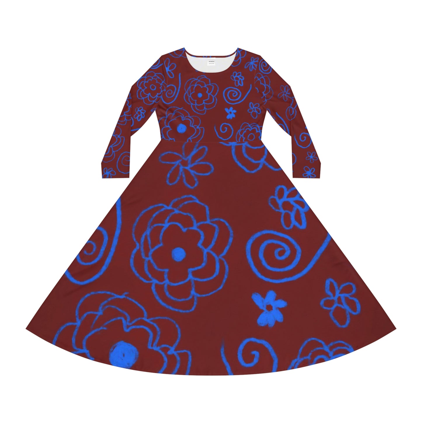Blue Flower Drawing Women's Long Sleeve Dance Dress