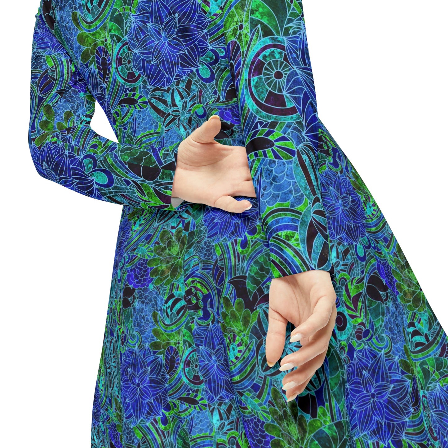 Blue Green Floral Pattern Women's Long Sleeve Dance Dress (AOP)