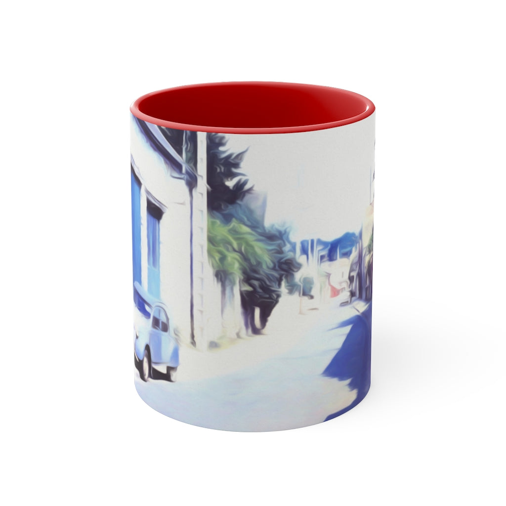 Vintage Travel Blue Car on Street Accent Coffee Mug, 11oz