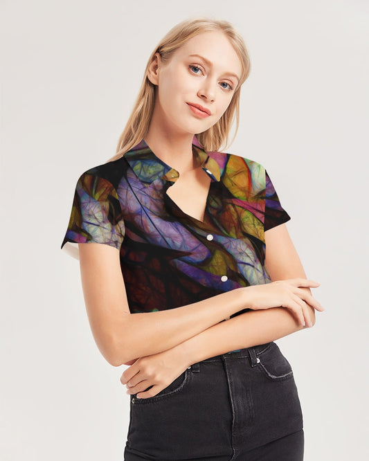 Fall Leaves Abstract Women's Short Sleeve Button Up