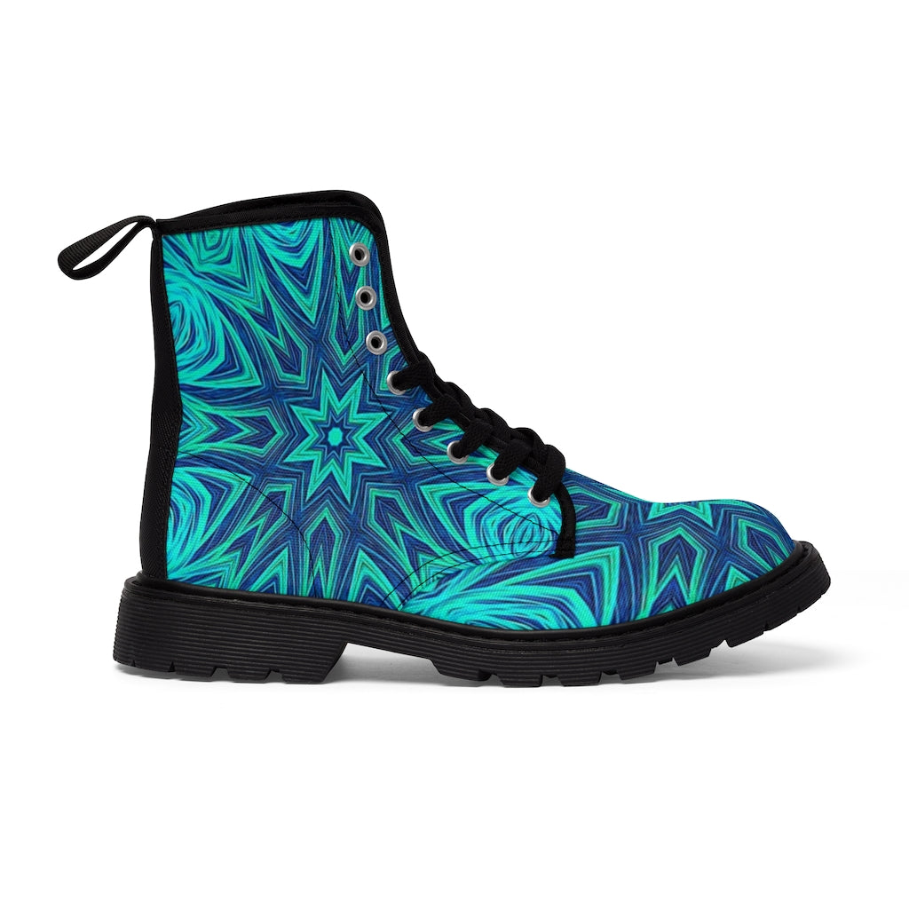 Blue Ice Fractal Kaleidoscope Women's Canvas Boots