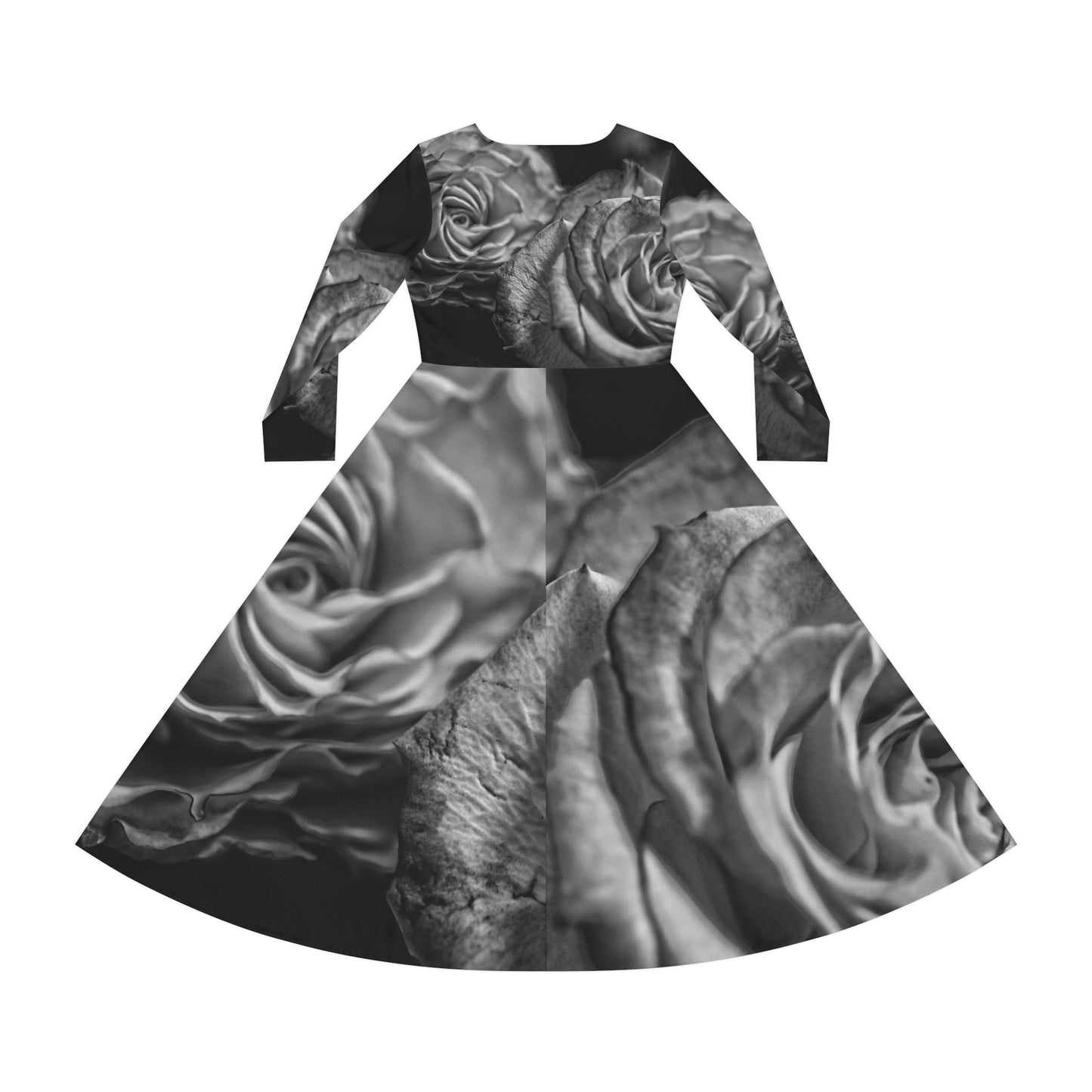 Black and White Tea Roses Women's Long Sleeve Dance Dress