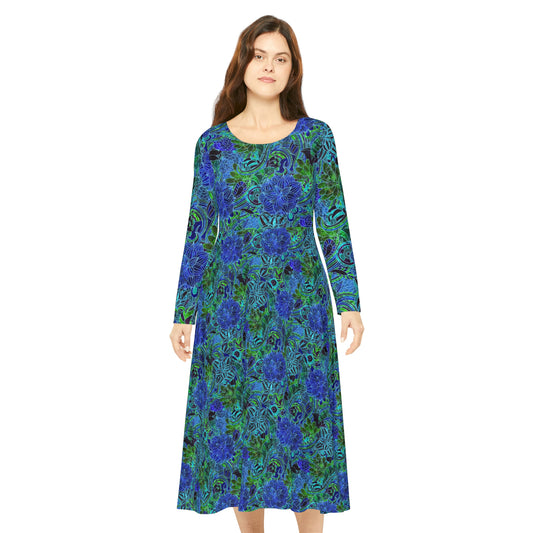 Blue Green Floral Pattern Women's Long Sleeve Dance Dress (AOP)